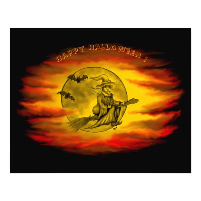 Flying witch with black cat , halloween night photo print (Front)