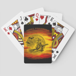 Flying witch with black cat , halloween night playing cards