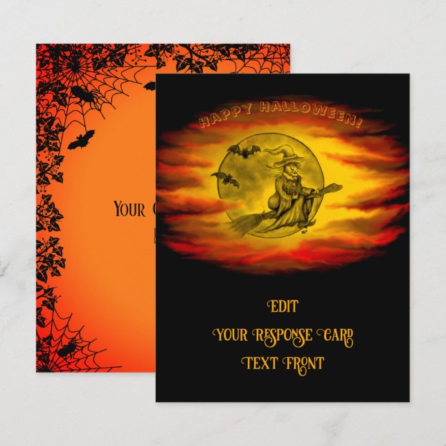 Flying witch with black cat , halloween night RSVP card (Front/Back)