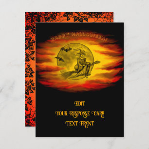 Flying witch with black cat , halloween night RSVP card
