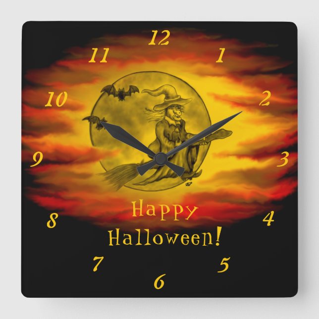 Flying witch with black cat , halloween night square wall clock (Front)