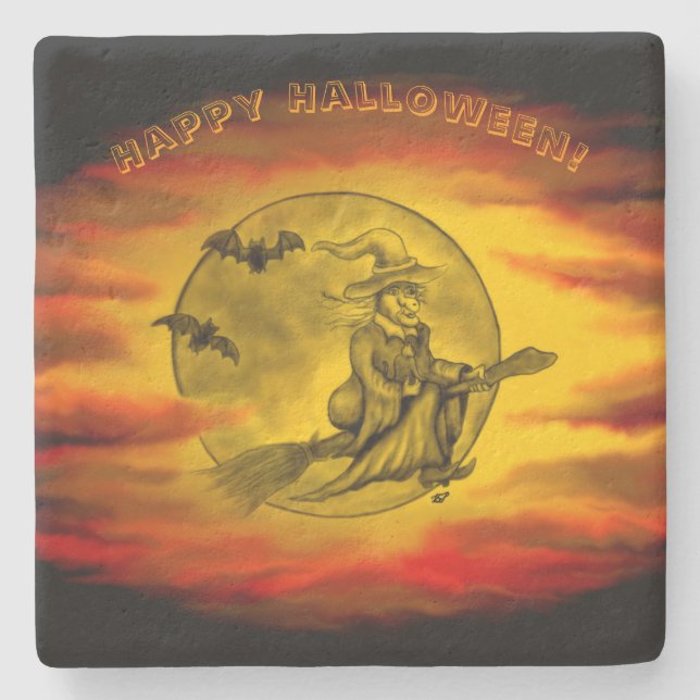 Flying witch with black cat , halloween night stone coaster (Front)