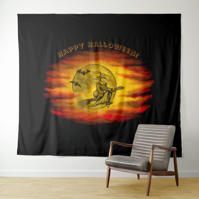Flying witch with black cat , halloween night tapestry (In Situ (Horizontal))