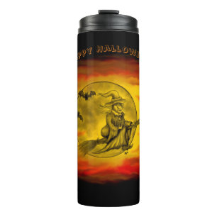 Flying witch with black cat , halloween night thermal tumbler