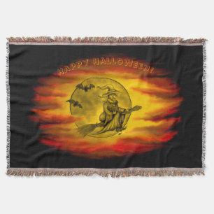 Flying witch with black cat , halloween night throw blanket