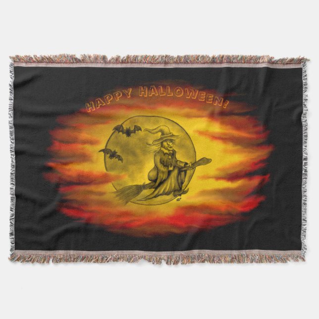 Flying witch with black cat , halloween night throw blanket (Front)