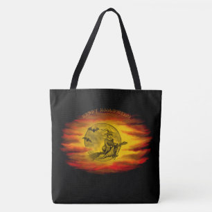 Flying witch with black cat , halloween night tote bag