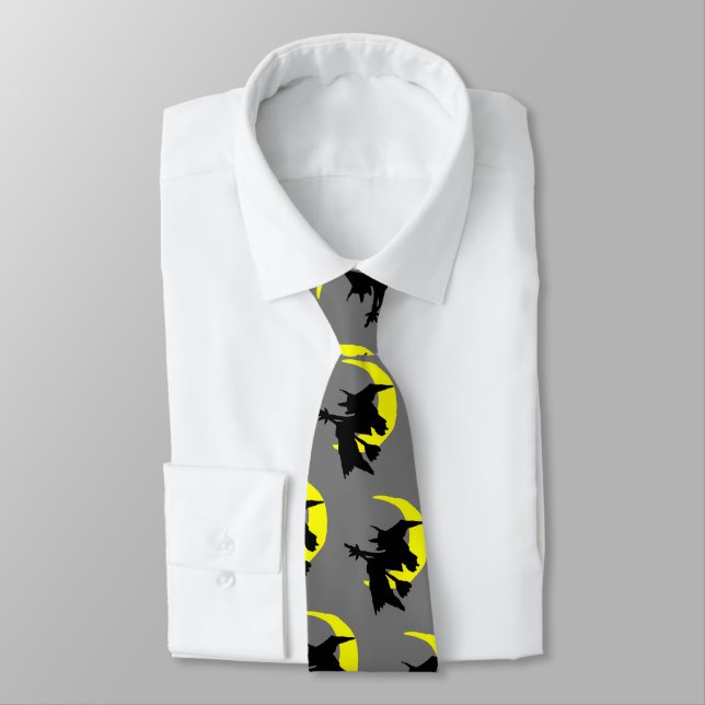Flying Witches Pattern Grey Halloween Novelty tie (Tied)