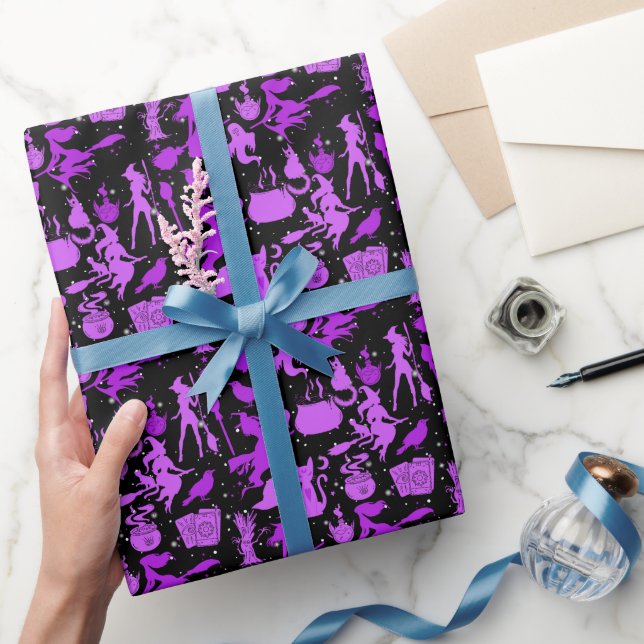 Flying witches pattern.Purple Black BG Wrapping Paper (Gifting)