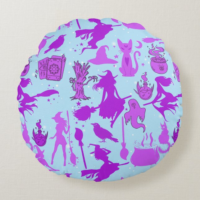 Flying witches pattern.Purple L Blue BG Round Cushion (Front)