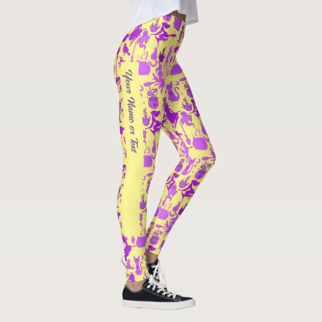 Flying witches pattern.Purple L Yellow BG (PS) Leggings (Right)