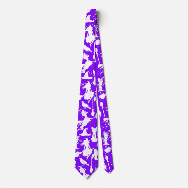 Flying witches pattern.White B Purple BG Tie (Front)
