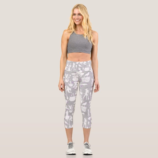 Flying witches pattern.White Grey BG Capri Leggings (Front)