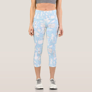 Flying witches pattern.White L Blue BG Capri Leggings