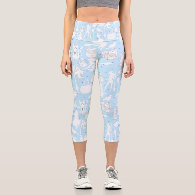 Flying witches pattern.White L Blue BG Capri Leggings (Front)