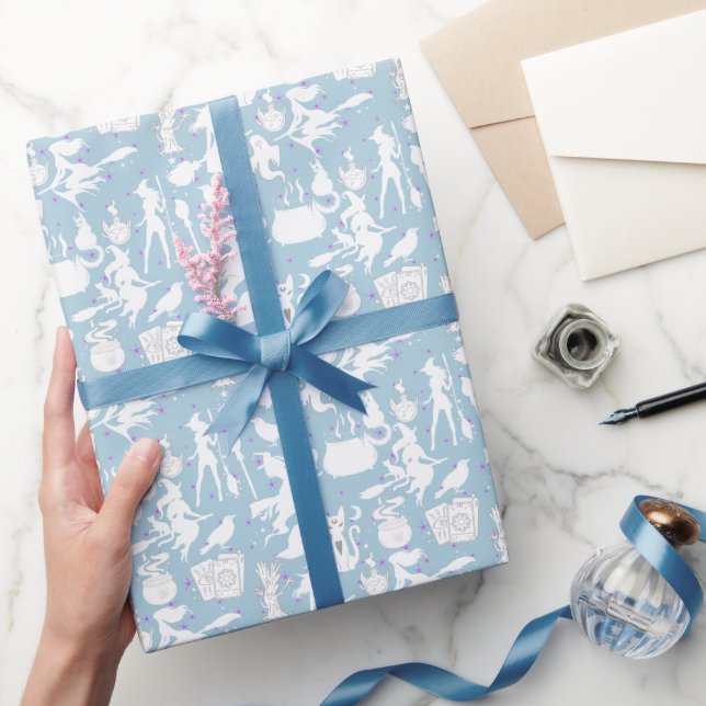 Flying witches pattern.White L Blue BG Wrapping Paper (Gifting)
