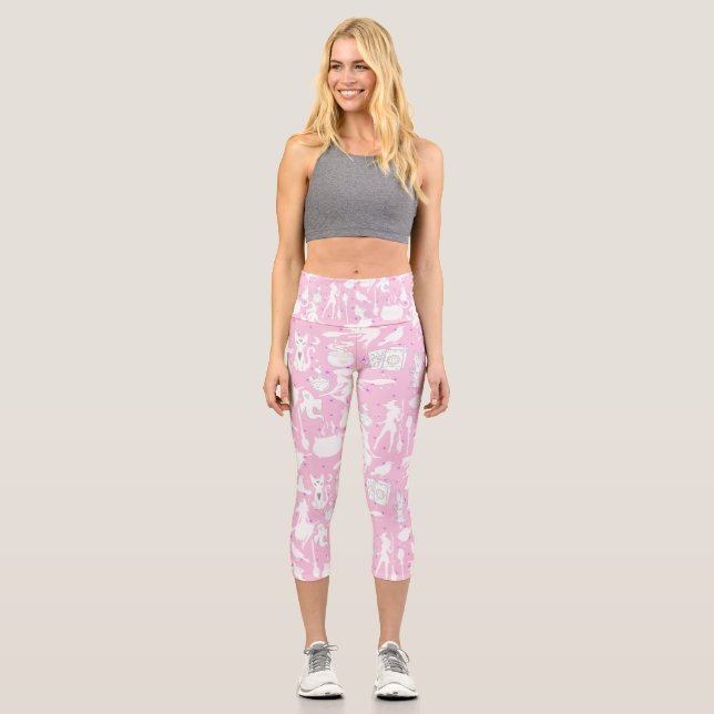 Flying witches pattern.White L Pink BG Capri Leggings (Front)