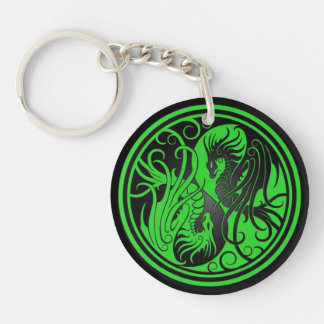 Flying Yin Yang Dragons - green and black Key Ring