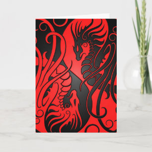 Flying Yin Yang Dragons - red and black Card