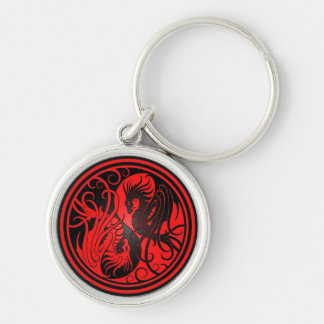 Flying Yin Yang Dragons - red and black Key Ring