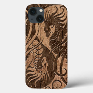 Flying Yin Yang Dragons with Wood Grain Effect iPhone 13 Case