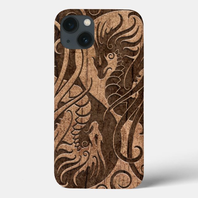 Flying Yin Yang Dragons with Wood Grain Effect Case-Mate iPhone Case (Back)