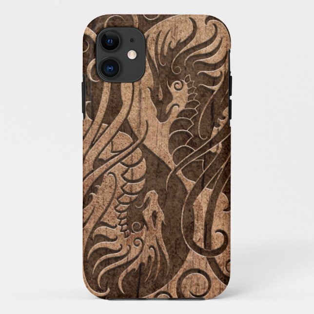 Flying Yin Yang Dragons with Wood Grain Effect Case-Mate iPhone Case (Back)