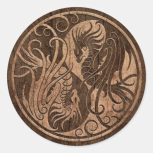Flying Yin Yang Dragons with Wood Grain Effect Classic Round Sticker
