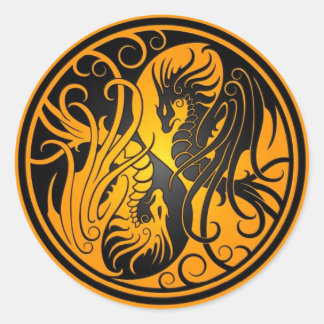 Flying Yin Yang Dragons - yellow and black Classic Round Sticker