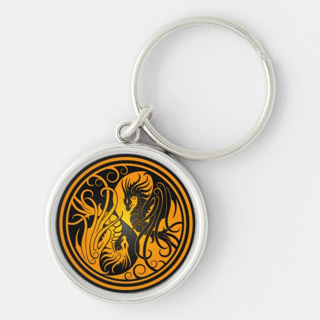 Flying Yin Yang Dragons - yellow and black Key Ring (Front)