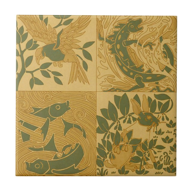 FlyingEagle,Lizard,Rabbit,Swiming Fish Art Nouveau Ceramic Tile (Front)