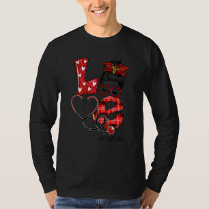 Fnp Nurse Plaid Red Leopard Love Heart Messy Bun N T-Shirt