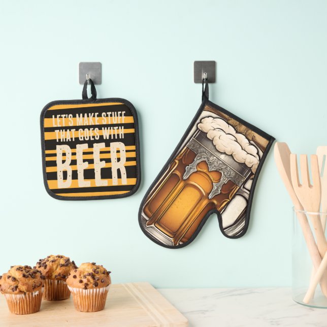 Foamy beer mug cooking kitchen personalised oven mitt & pot holder set (Insitu(Hanging))