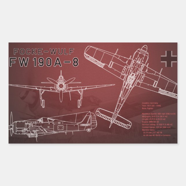 Focke-Wulf Fw 190 Blueprint Rectangular Sticker (Front)