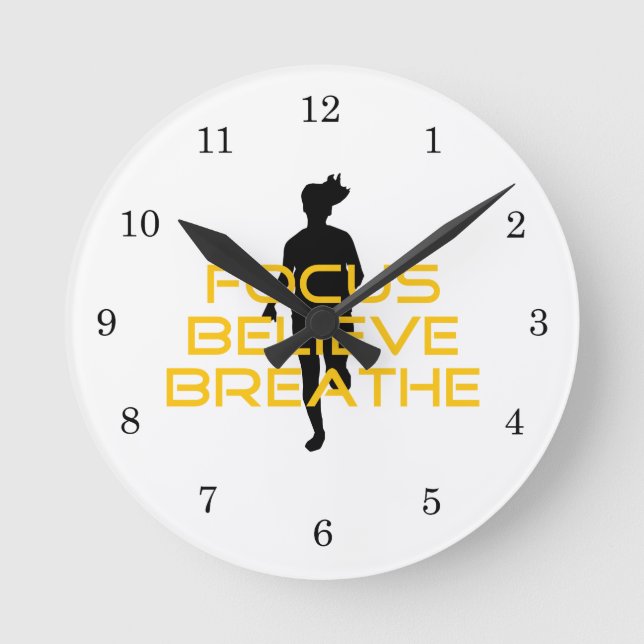 Focus Believe Breathe Yellow Running Fitness Round Clock (Front)