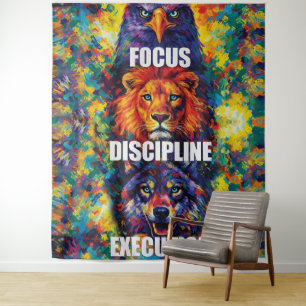 Focus Discipline Execution Eagle Lion Wolf Motivat Tapestry
