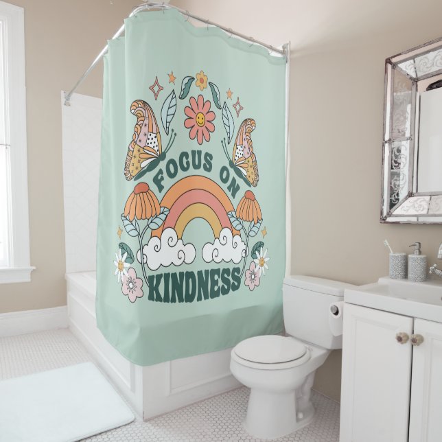 Focus on Kindness Groovy Graphic Shower Curtain (In Situ)