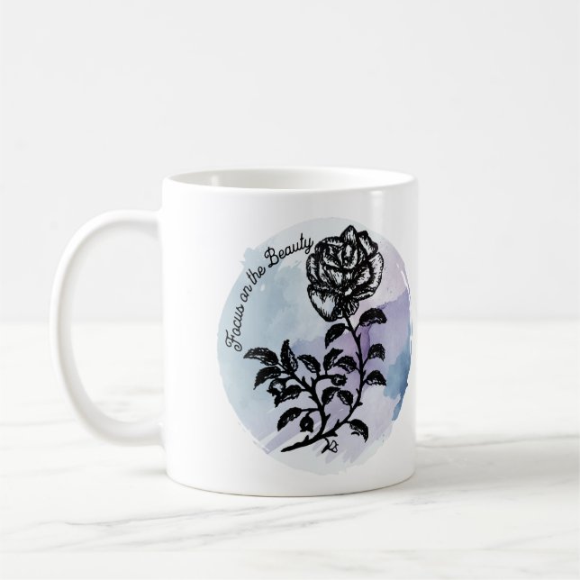 Focus on the Beauty Pen and Ink Rose on Blue Coffee Mug (Left)