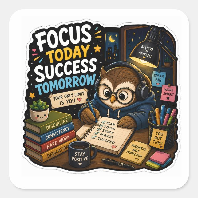 Focus Today, Success Tomorrow – Study Owl Sticker (Front)