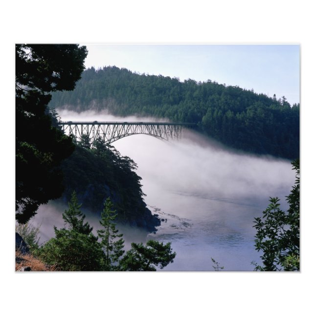 Fog drifts under the Deception Pass bridge at Photo Print (Front)