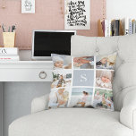 Fog Grey Monogram Photo Collage Cushion<br><div class="desc">Customise this throw pillow with eight square photos arranged in a grid collage layout,  with your single initial monogram in fog grey in the centre square. Pillow reverses to a subtle dotted diamond pattern in matching grey and white.</div>