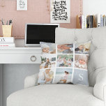 Fog Grey Monogram Photo Collage Cushion<br><div class="desc">Customise this throw pillow with eight square photos arranged in a grid collage layout,  with your single initial monogram on a fog grey square at the lower right. Pillow reverses to a subtle dotted diamond pattern in matching grey and white.</div>