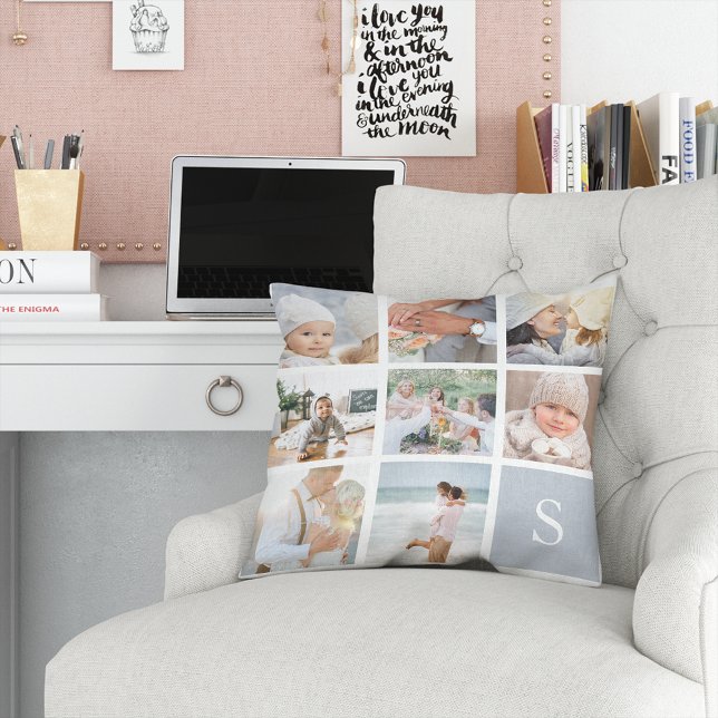 Fog Grey Monogram Photo Collage Cushion (Creator Uploaded)