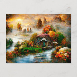 fog on autumn morning. Fantasy Cottage. Postcard