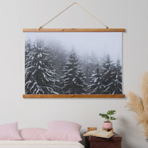 Fog over snow covered spruce forest in winter  hanging tapestry