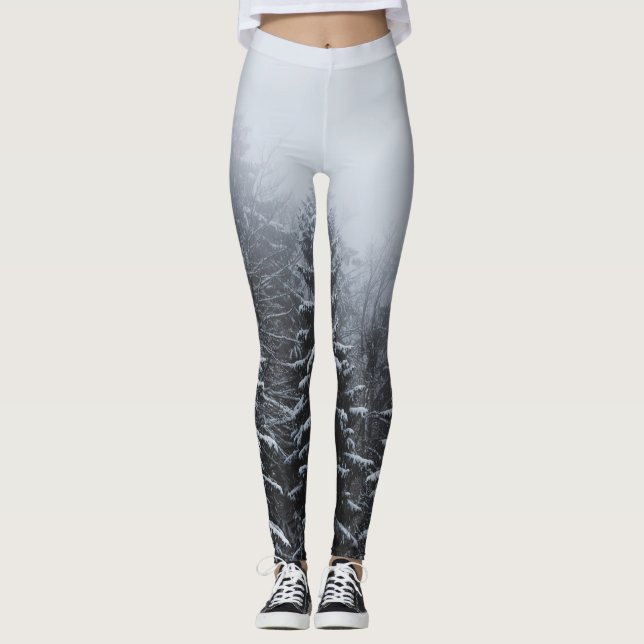 Fog over snow covered spruce forest in winter leggings (Front)