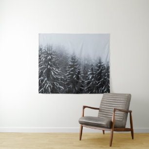 Fog over snow covered spruce forest in winter  tapestry