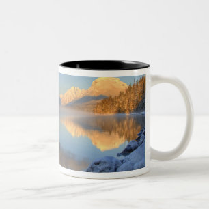 Fog rises from Lake McDonald on a very cold Two-Tone Coffee Mug