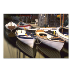Fog surrounds four boats docked. photo print