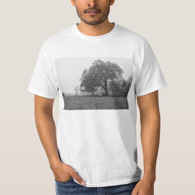 Foggy Autumn Morning Grayscale T-Shirt (Front)